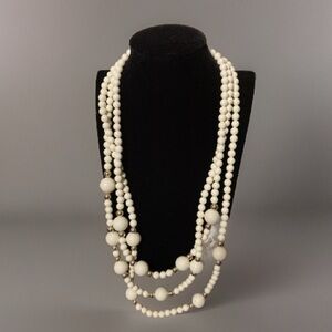 Vtg Lucite Milk White Beaded/Ornate Gold Tone Triple Strand Necklace 24”